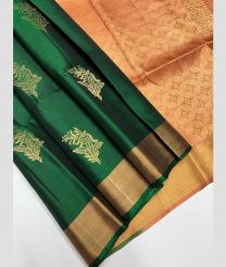 Dark Green and Peach soft silk kanchipuram sarees with Kaddy Border design