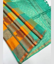 Yellow and Turquoise soft silk kanchipuram sarees with All over Checks design