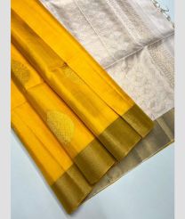 Mango Yellow and Half White soft silk kanchipuram sarees with All over Buttas design