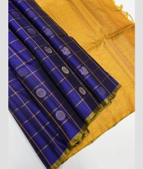 Purple Blue and Yellow soft silk kanchipuram sarees with All over Checks and Buttas design
