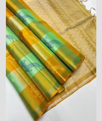 Aquamarine and Lite Parrot Green soft silk kanchipuram sarees with All over Checks and Buttas design