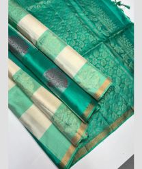 Cream and Turquoise soft silk kanchipuram sarees with All over Checks and Buttas design