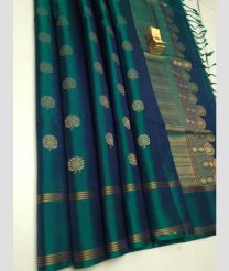 Greenish Blue and Golden soft silk kanchipuram sarees with All over Buttas design