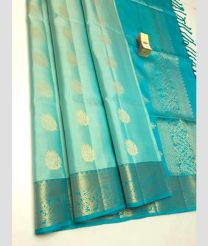 Cyan and Silver soft silk kanchipuram sarees with All over Buttas design