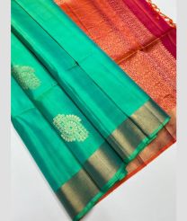 Turquoise and Crimson soft silk kanchipuram sarees with All over Buttas design
