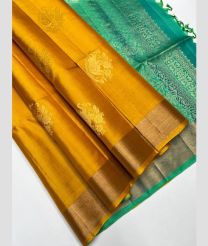 Golden Yellow and Turquoise soft silk kanchipuram sarees with All over Buttas design