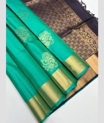 Turquoise and Charcoal Black soft silk kanchipuram sarees with All over Buttas design
