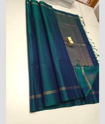 Dark Teal and Golden soft silk kanchipuram sarees with Jari Border design