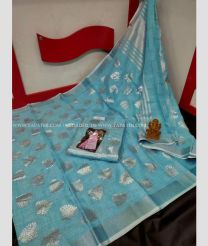 Sky Blue saree with Leaf Print color linen sarees handloom saree with cotton silver printed saree design