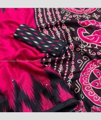 Pink saree with Black Blouse color linen handloom saree with Jute Linen Pomchay Ikkat style Printed sarees with Jute Ikkat style oriented blouse design