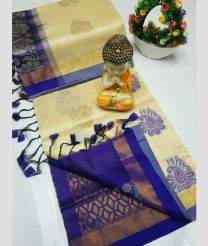 Cream and Purple Blue tripura silk sarees with All over Buttas design