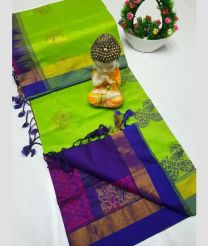 Parrot Green and Purple Blue tripura silk sarees with All over Buttas design