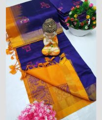 Navy Blue and Mango Yellow tripura silk sarees with All over Buttas design
