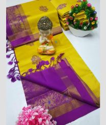 Yellow and Magenta tripura silk sarees with All over Buttas design