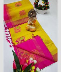 Yellow and Neon Pink tripura silk sarees with All over Buttas design