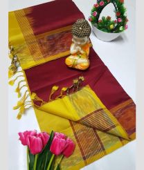 Maroon and Yellow tripura silk sarees with Pochampally Border design