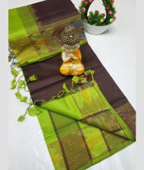 Chocolate and Parrot Green tripura silk sarees with Pochampally Border design