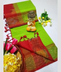 Parrot Green and Red tripura silk sarees with Pochampally Border design