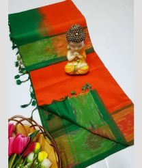 Orange and Green tripura silk sarees with Pochampally Border design