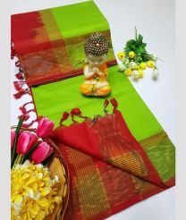 Parrot Green and Red tripura silk sarees with Pochampally Border design