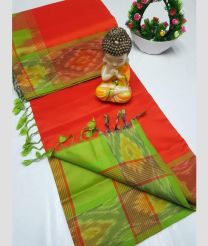 Orange and Parrot Green tripura silk sarees with Pochampally Border design