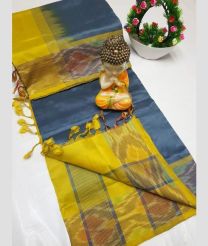 Grey and Yellow tripura silk sarees with Pochampally Border design
