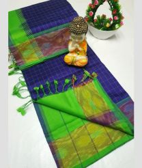 Navy Blue and Parrot Green tripura silk sarees with All over Checks design