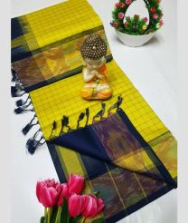 Yellow and Navy Blue tripura silk sarees with All over Checks design