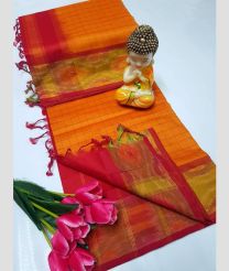Orange and Red tripura silk sarees with All over Checks design