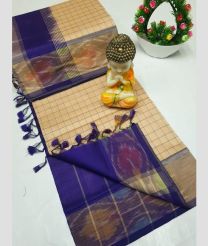 Cream and Navy Blue tripura silk sarees with All over Checks design