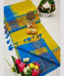 Yellow and Blue tripura silk sarees with All over Checks design