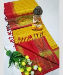 Yellow and Orange tripura silk sarees with All over Checks design