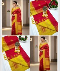 maroon and yellow colour tripura silk sarees with All over Buttas design