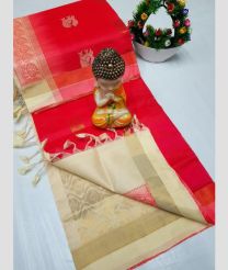red and cream colour tripura silk sarees with All over Buttas design