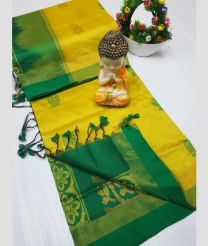 yellow and teal colour tripura silk sarees with All over Buttas design