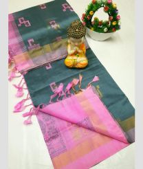 coral and gray colour tripura silk sarees with All over Buttas design