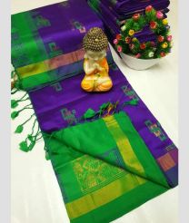 purple and green colour tripura silk sarees with All over Buttas design
