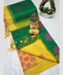 yellow and dark green  colour tripura silk sarees with All over Buttas design