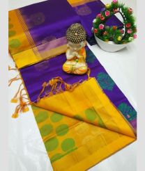 yellow and purple colour tripura silk sarees with All over Buttas design