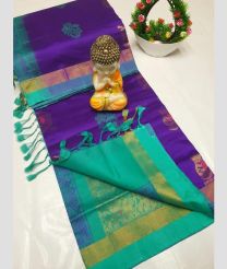 purple and sky blue colour tripura silk sarees with All over Buttas design