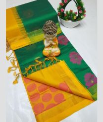 green and yellow colour tripura silk sarees with All over Buttas design