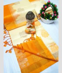 ice cream and yellow colour tripura silk sarees with All over Buttas design