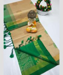 cream and green colour tripura silk sarees with All over Buttas design