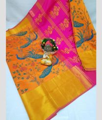 orange and purple colour tripura silk sarees with Pochampally Border design
