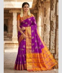 purple and orange colour tripura silk sarees with Pochampally Border design