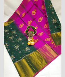 teal and purple colour tripura silk sarees with Pochampally Border design