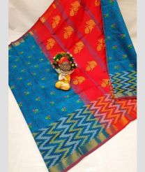 magenta red and cyan blue colour tripura silk sarees with Pochampally Border design