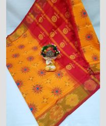 orange and magenta red colour tripura silk sarees with Pochampally Border design