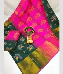 green and coral red colour tripura silk sarees with Pochampally Border design