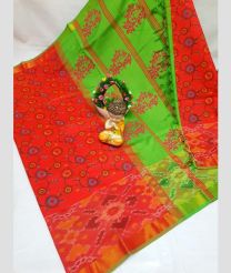 magenta red and green colour tripura silk sarees with Pochampally Border design